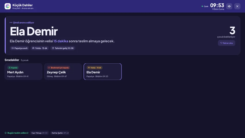 Kreş360 anons ekranı: akıllı tahtada şimdi anons edilen öğrencinin adı ve tahmini geliş saati, altında sıradaki çocuklar ve durumları