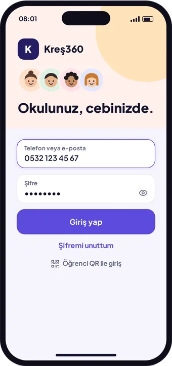 Kreş360 giriş ekranı: telefon veya e-posta ile giriş, QR ile giriş