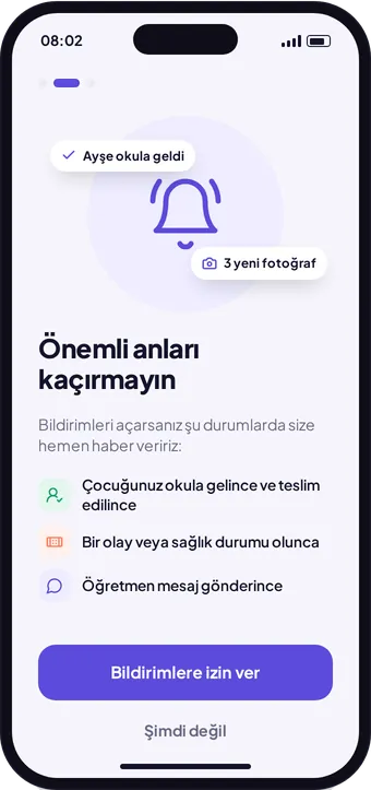 Kreş360 karşılama ekranı: okula gelince ve fotoğraf paylaşılınca bildirim