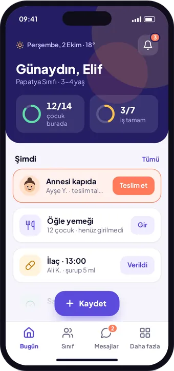 Kreş360 öğretmen Bugün ekranı: sınıfta kaç çocuk var, sıradaki işler ve acil teslim