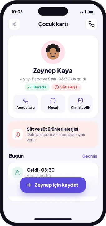 Kreş360 çocuk kartı: alerji bilgisi, veli arama ve teslim alabilecek kişiler