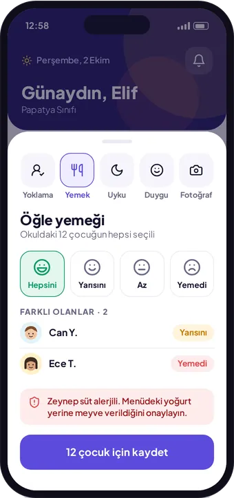 Kreş360 öğretmen kayıt ekranı: tüm sınıf için öğle yemeği kaydı ve alerji uyarısı