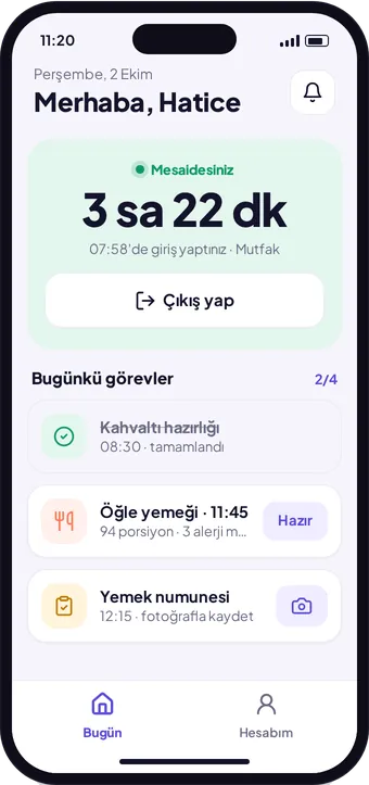 Kreş360 personel ekranı: mesai süresi ve günün görevleri