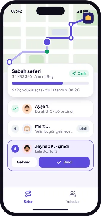 Kreş360 servis şoförü ekranı: canlı rota ve araca binen çocuklar