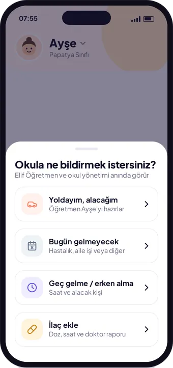 Kreş360 veli bildir ekranı: izin, ilaç ve teslim alacak kişi bildirimi