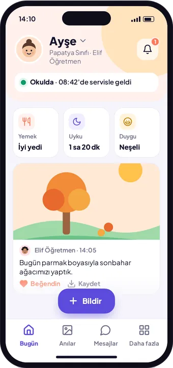 Kreş360 veli Bugün ekranı: çocuk okulda, yemek, uyku ve duygu kartı