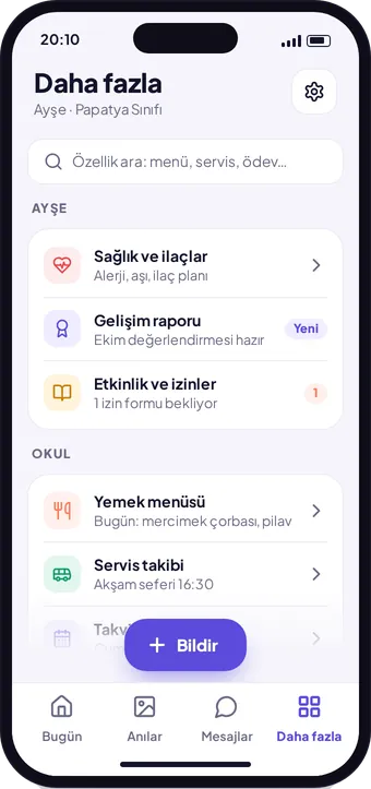 Kreş360 veli daha fazla ekranı: sağlık, gelişim raporu, yemek menüsü ve servis
