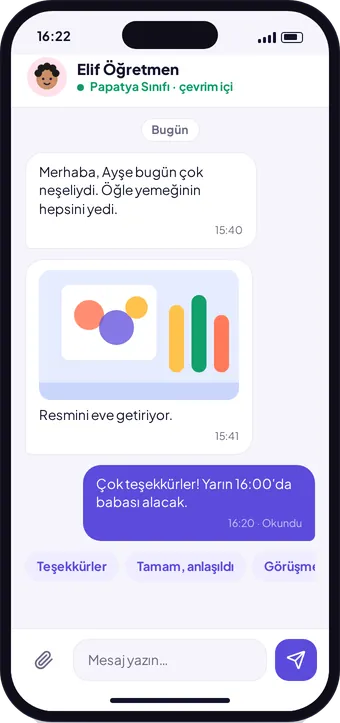 Kreş360 veli mesaj ekranı: öğretmenle yazışma