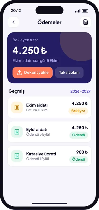 Kreş360 veli ödemeler ekranı: bekleyen aidat, dekont yükleme ve geçmiş ödemeler