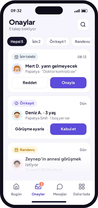 Kreş360 yönetici onaylar ekranı: izin talepleri, ön kayıtlar ve randevular